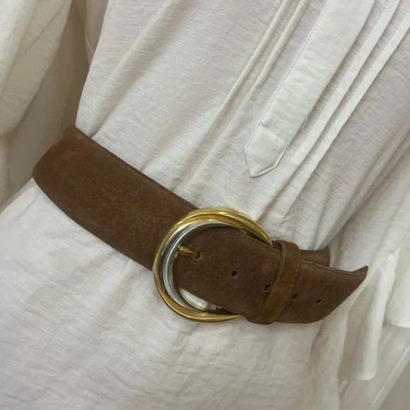 Y2K Big Wide Brown Suede Belt with Gold & Silver Buckle Sueded Pigskin, Size L - Picture 1 of 8